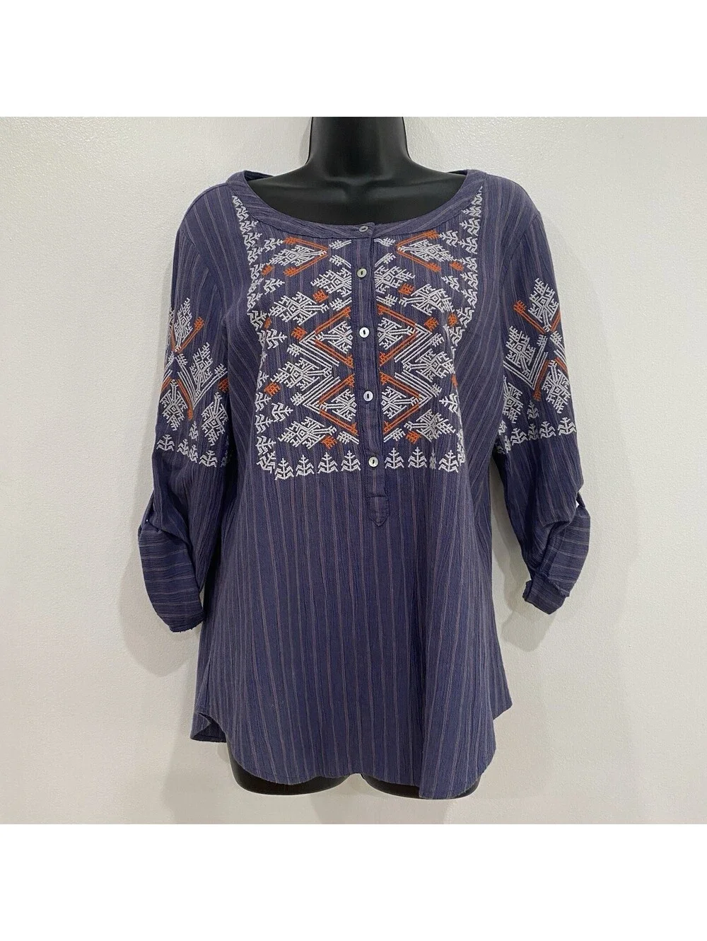 Sundance Top Medium Embroidered Cotton Henley Boho 3/4 Sleeve Pilgrim Pioneer